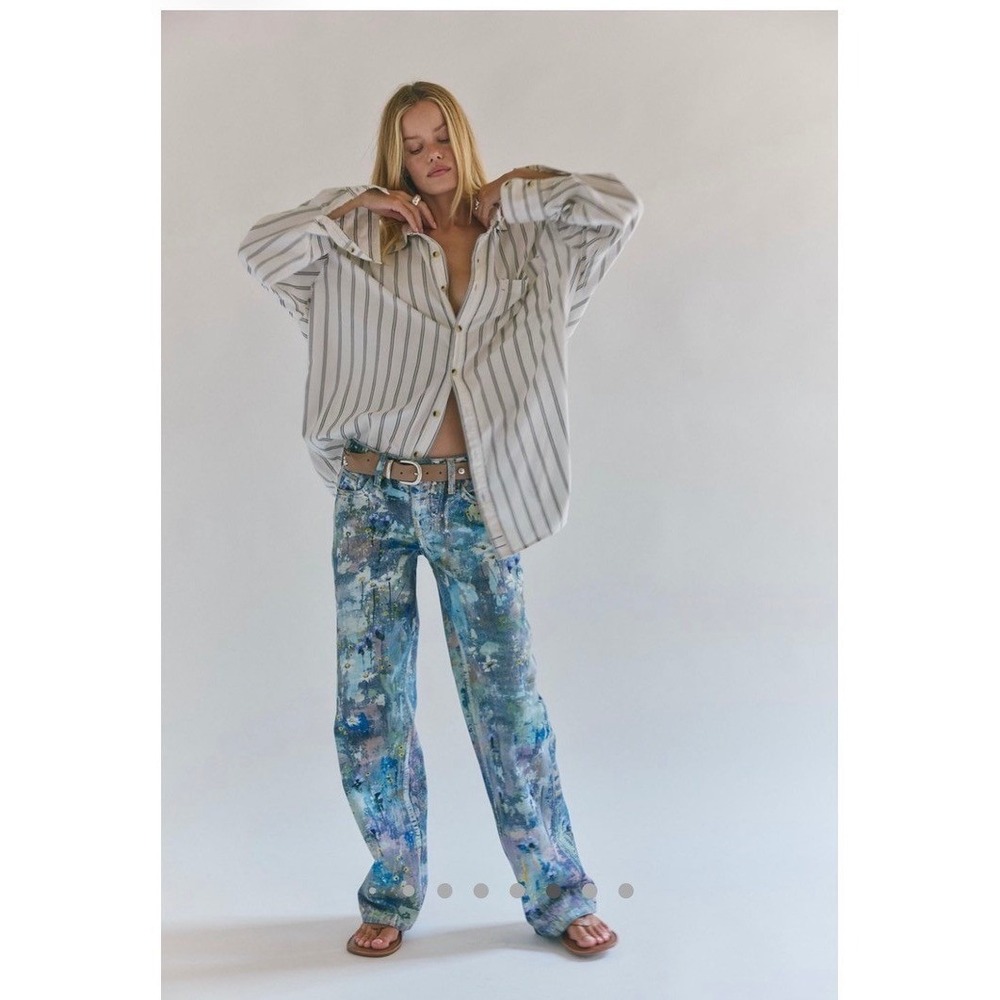 Free‎ People Jeans Womens 25 Blue Floral Tennessee Low-Rise Straight Leg Painted